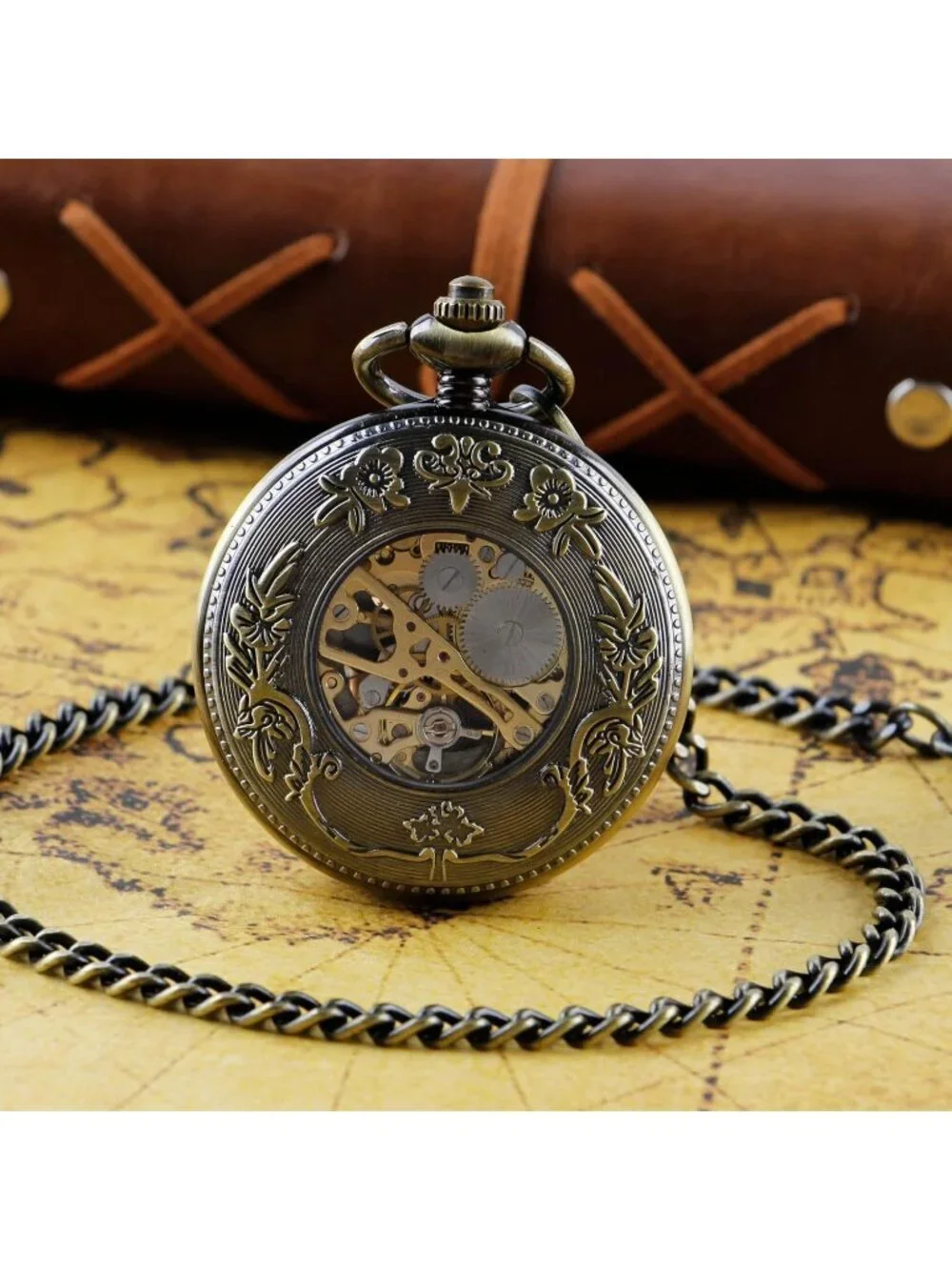 Men's Black Bronze Two Swallows Skeleton Roman Numerals Mechanical Pocket Watch
